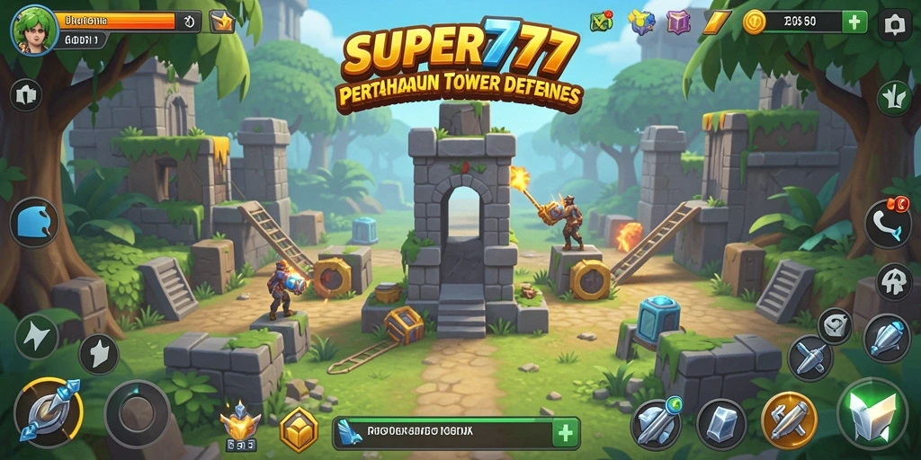 Tampilan gameplay menara pertahanan yang mendebarkan di SUPER777.